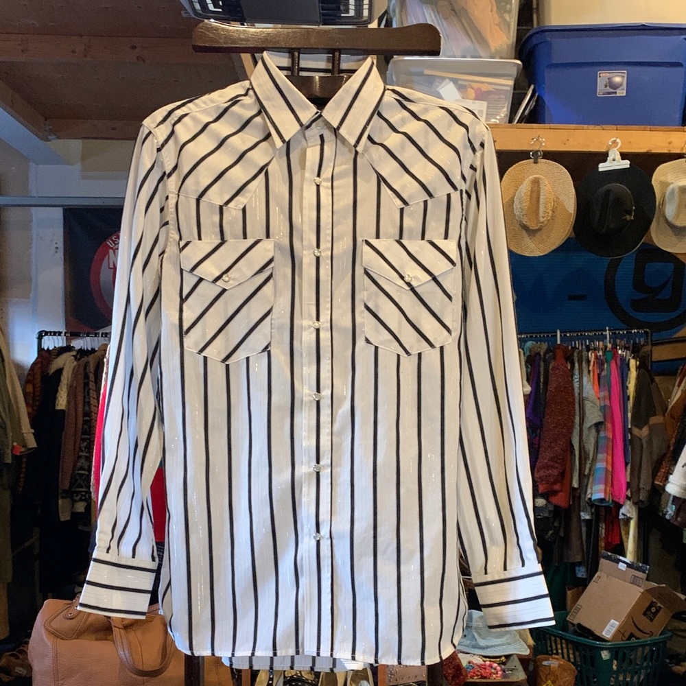 Vintage Western Pearlsnap Black and White Striped Men's Shirt